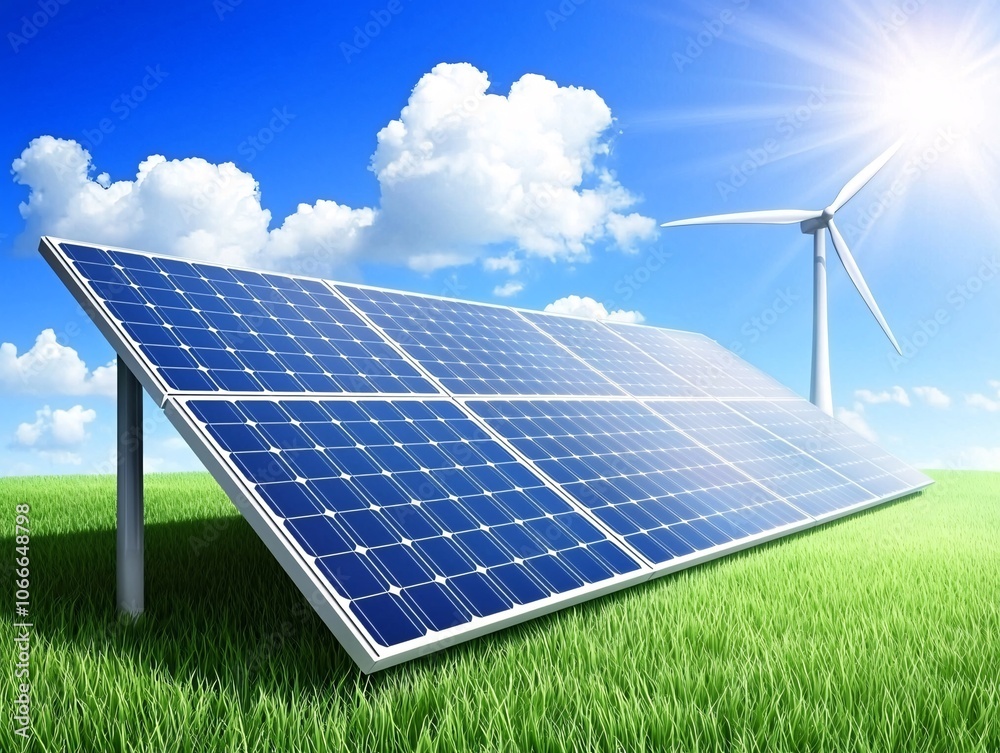 A large, clean energy facility with both solar panels and wind turbines ...