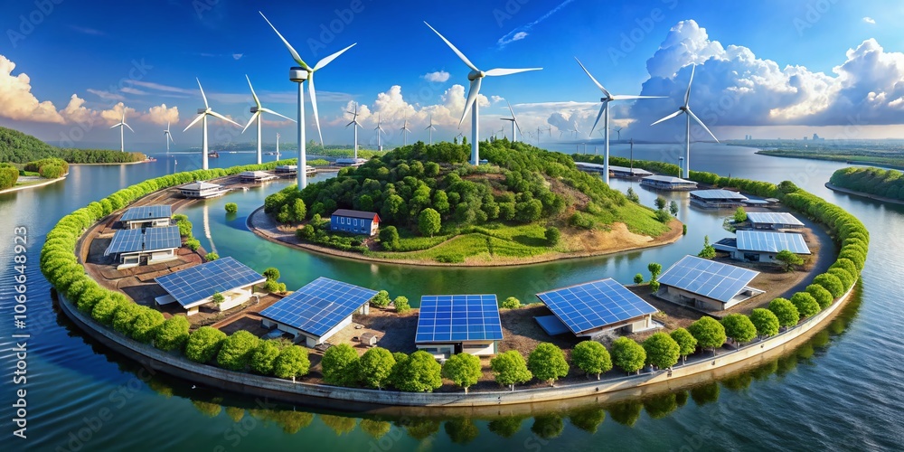 Obraz premium Floating Island with Wind Turbines, Sustainable Eco-Friendly Industries, Renewable Energy, Green Technology, Vibrant Landscape, Clean Environment, Futuristic Concept, Nature Harmony, Eco-Innovation