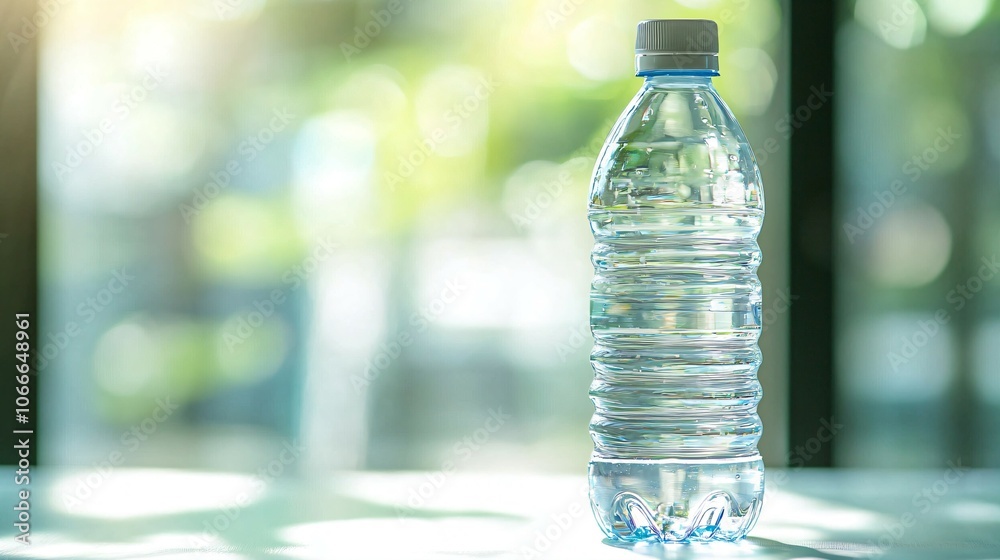 Clean modern water bottle with safety cap and half-filled with clear water on white background, symbolizing hydration and drinking safety, ample copy space for text overlay. Clean modern water bottle with safety cap and half-filled with clear water on white background, symbolizing hydration and drinking safety, ample copy space for text overlay.
