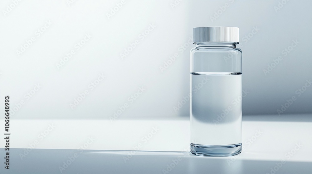 Clean modern water bottle with safety cap and half-filled with clear water on white background, symbolizing hydration and drinking safety, ample copy space for text overlay.