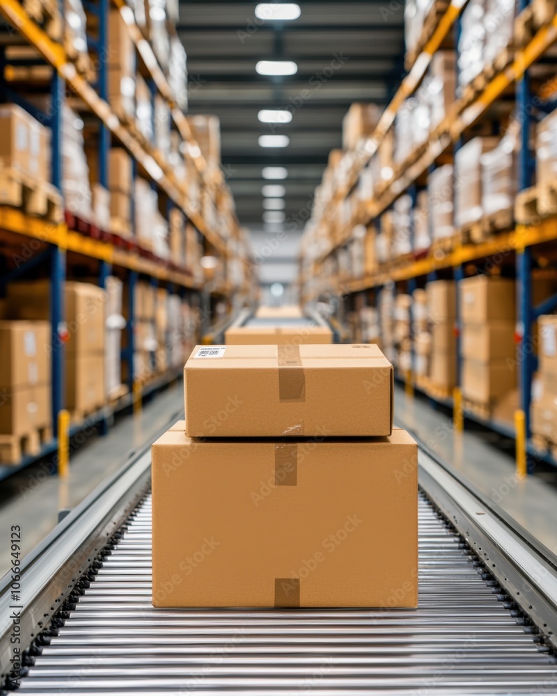 Warehouse management concept. A busy warehouse interior showing stacked cardboard boxes on shelves and packages on a conveyor belt highlighting efficient logistics and storage Warehouse management concept. A busy warehouse interior showing stacked cardboard boxes on shelves and packages on a conveyor belt highlighting efficient logistics and storage