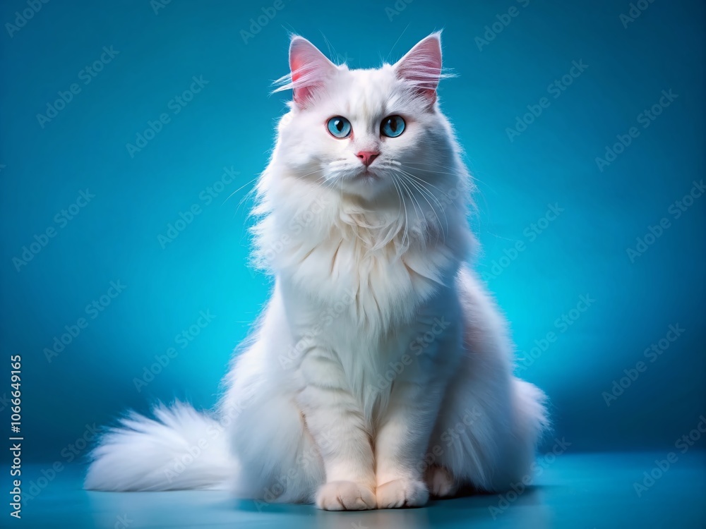 Fluffy Cute White Cat on Blue Background - Adorable Feline Photography, Pet Portraits, Cat Lovers, Animal Photography, Soft Fur, Playful Kittens, Blue Aesthetic, Whiskers, Cute Pets Fluffy Cute White Cat on Blue Background - Adorable Feline Photography, Pet Portraits, Cat Lovers, Animal Photography, Soft Fur, Playful Kittens, Blue Aesthetic, Whiskers, Cute Pets