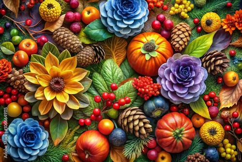 Charming floral artwork adorned with vibrant foliage, berries, and pinecones captures a natural aesthetic while