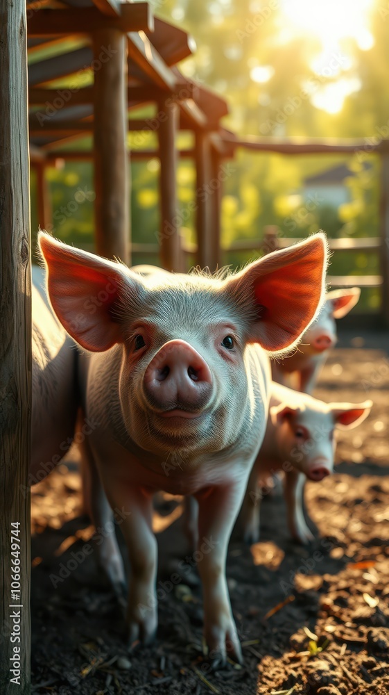 A piglet looks at the camera while standing in a pen with other piglets, at sunset A piglet looks at the camera while standing in a pen with other piglets, at sunset