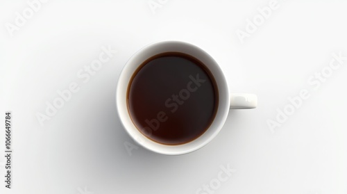 Top view of a white cup filled with black coffee on a light background