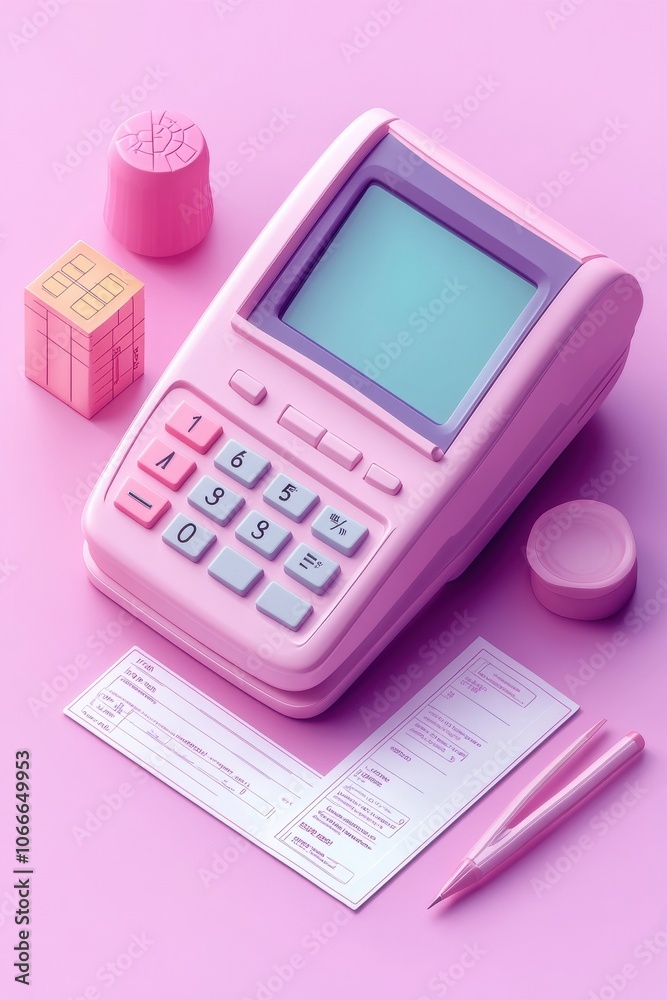 3D isometric illustration of a colorful credit card machine with pastel hues and buttons on a modern design, set against a soft pink background 3D isometric illustration of a colorful credit card machine with pastel hues and buttons on a modern design, set against a soft pink background