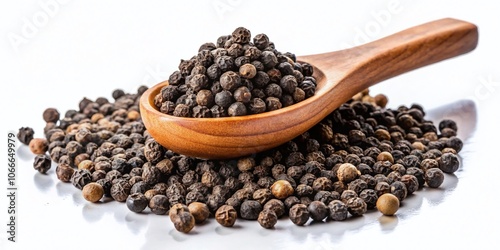 Close-up of a peppercorn heap, scooped spice.