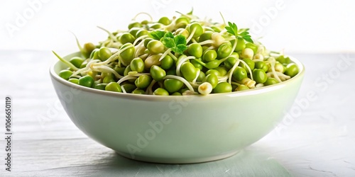 Close-up of crisp mung bean sprouts in a white bowl.