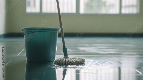 close up shot of mop being squeezed out in bucket, showcasing cleaning process in bright, spacious room. scene conveys sense of cleanliness and order