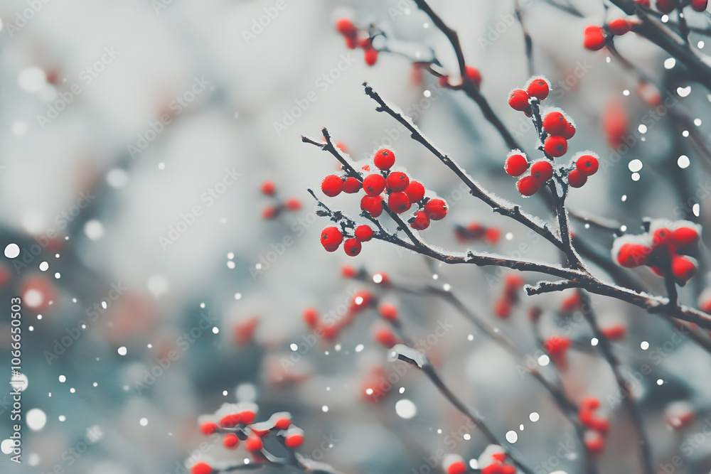 Frost covered berries on bush create stunning winter scene, with vibrant red contrasting against snowy backdrop. delicate branches are adorned with snowflakes, evoking serene and peaceful atmosphere Frost covered berries on bush create stunning winter scene, with vibrant red contrasting against snowy backdrop. delicate branches are adorned with snowflakes, evoking serene and peaceful atmosphere