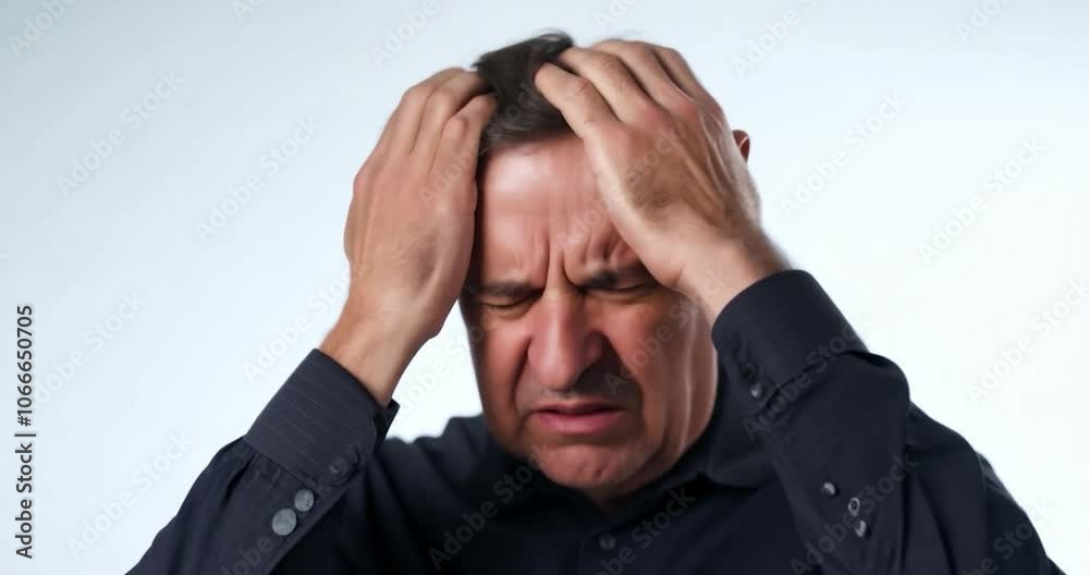 A middle-aged man in a plain white studio, holding his head in frustration, his face contorted in pain and worry. A middle-aged man in a plain white studio, holding his head in frustration, his face contorted in pain and worry.