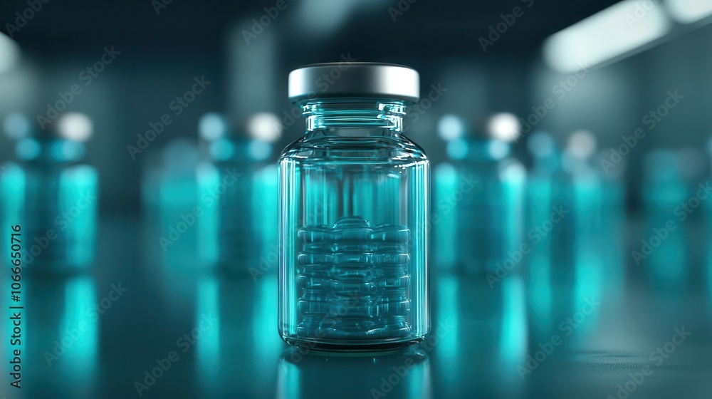Blue glass vial, surrounded by identical bottles, with a focus on one central vial, white background. Blue glass vial, surrounded by identical bottles, with a focus on one central vial, white background.