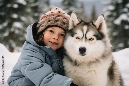 Cute little girl with her siberian husky dog in winter forest photo