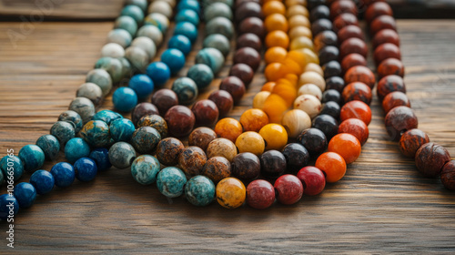 Colorful Gemstone Beads on Wooden Surface photo