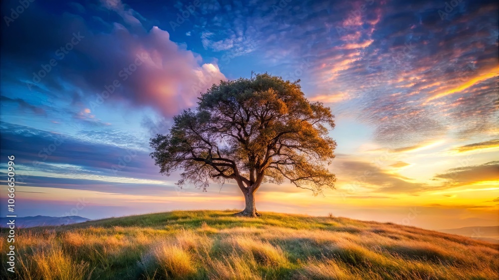 Fototapeta premium A solitary tree stands tall against a vibrant sunset sky, its branches reaching out like welcoming arms, inviting the viewer to embrace the tranquility of the moment.