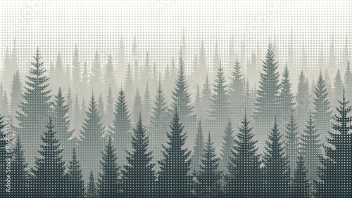 Silhouettes of Evergreens Against a Misty Background with a Subtle Dotted Pattern photo