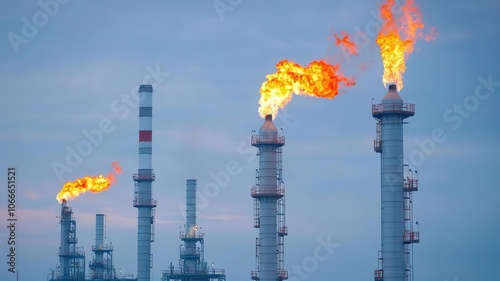 Oil refinery flaring natural gas, with large flames shooting from tall stacks   natural gas flaring, refinery, pollution