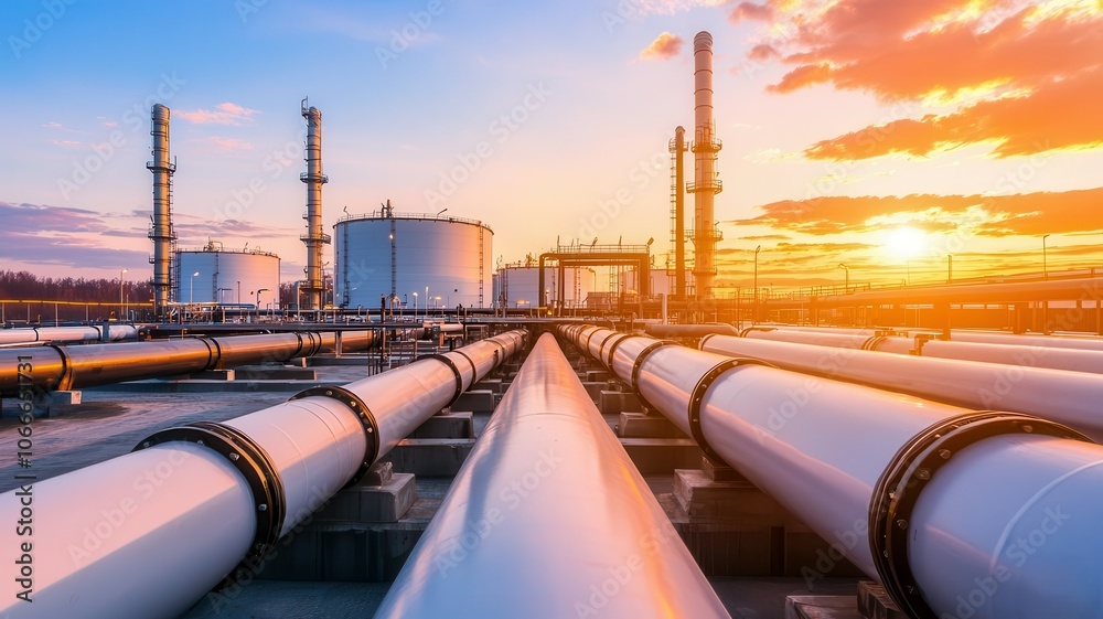Oil storage depot with a network of pipes, storage tanks, and valves managing the flow of crude oil oil storage, depot, infrastructure Oil storage depot with a network of pipes, storage tanks, and valves managing the flow of crude oil oil storage, depot, infrastructure