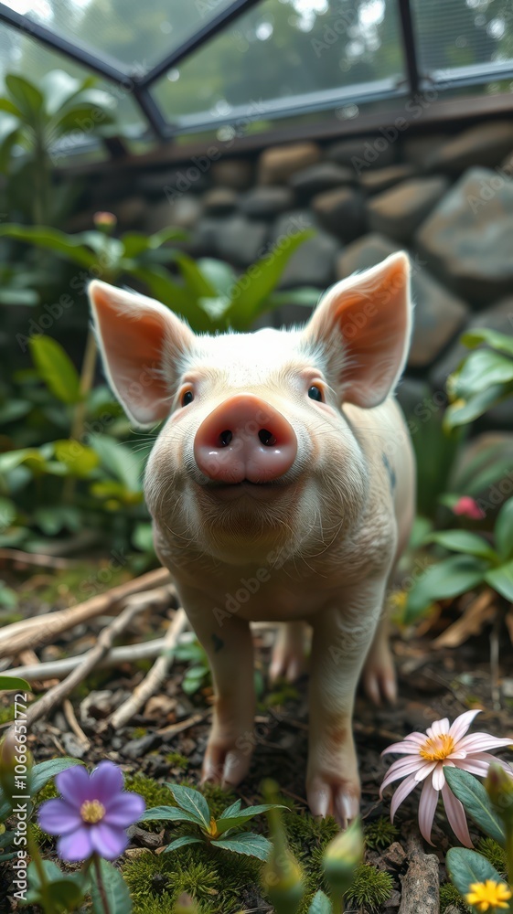 A pink pig looks directly at the camera, standing in a green garden with flowers and rocks A pink pig looks directly at the camera, standing in a green garden with flowers and rocks