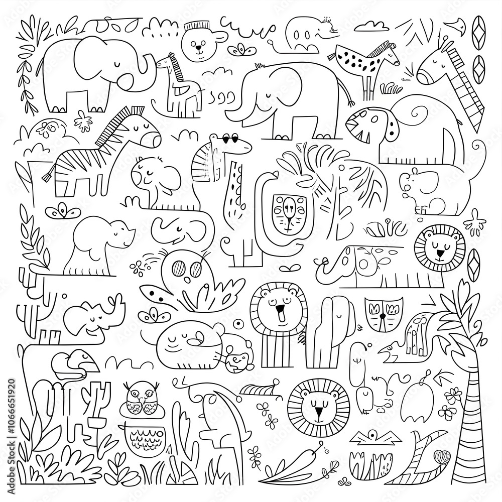 Whimsical, variety of playful, cartoon-like animals in a lively jungle environment. black-and-white illustration Whimsical, variety of playful, cartoon-like animals in a lively jungle environment. black-and-white illustration