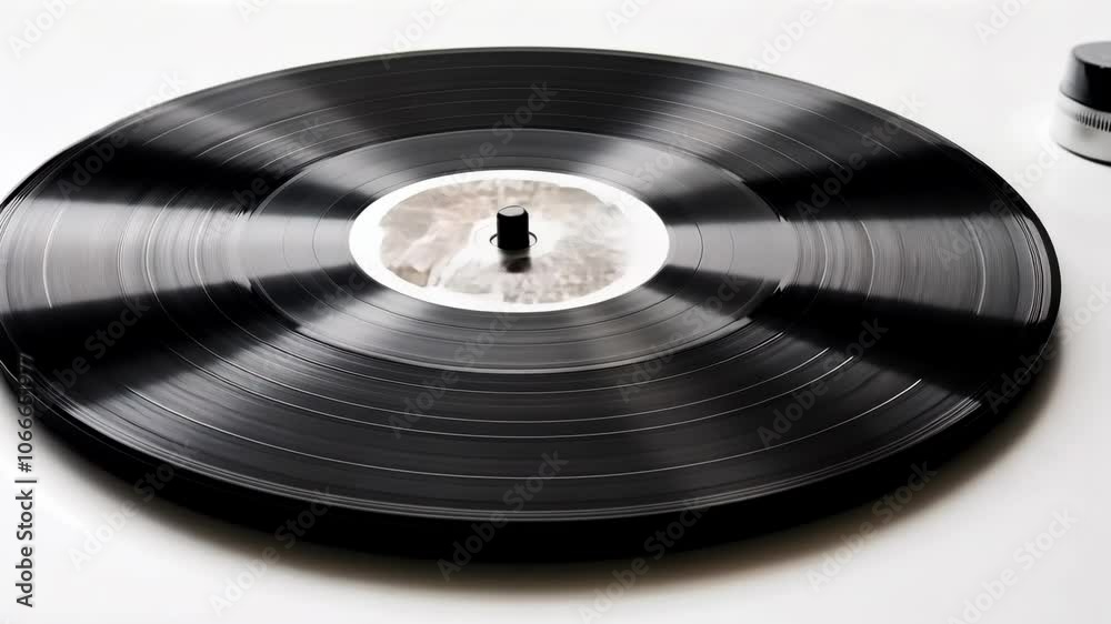 A black vinyl record spins on a turntable, creating a classic sound