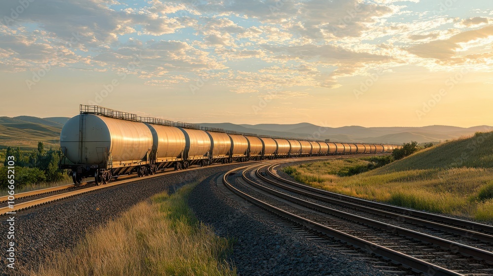 Oil transport railcars loaded with crude oil, moving along tracks through rural landscapes oil railcars, transportation, industrial logistics Oil transport railcars loaded with crude oil, moving along tracks through rural landscapes oil railcars, transportation, industrial logistics