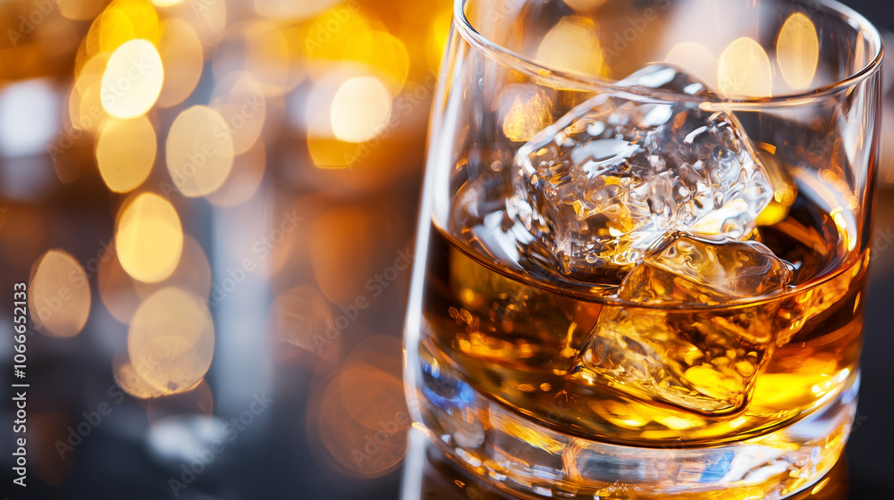 Glass of Whiskey with Ice Cubes and Warm Bokeh Lighting Glass of Whiskey with Ice Cubes and Warm Bokeh Lighting