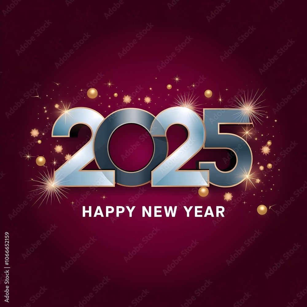 Naklejka premium Vibrant New Year's card for 2025 with a modern, festive design. The background is a bold red, the words 'Happy New Year 2025'