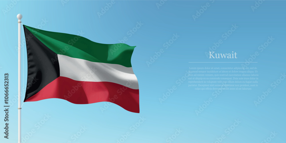 Waving Flag of Kuwait Against Clear Blue Sky Copyspace