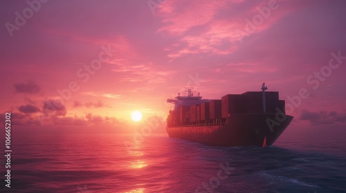 A vibrant sunset casts striking colors over calm waters as a cargo ship navigates through the shimmering sea. The sky is adorned with beautiful clouds, creating a serene atmosphere.