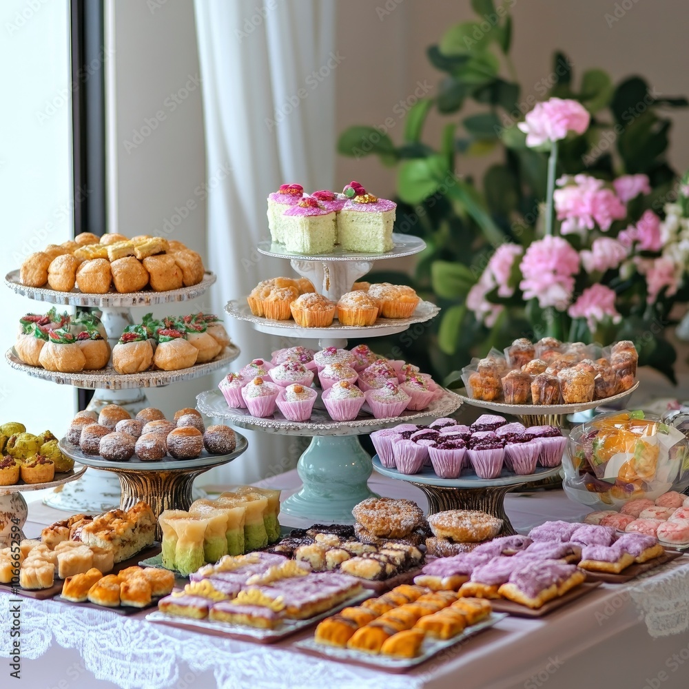 Assortment of sweet treats on cake stands for a party or special occasion. Assortment of sweet treats on cake stands for a party or special occasion.