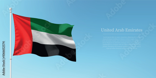 Waving Flag of United Arab Emirates Against Clear Blue Sky Copyspace