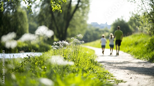 A family walking along a clean, green river in an urban park powered by renewable energy, symbolizing the benefits of net zero carbon policies in everyday life