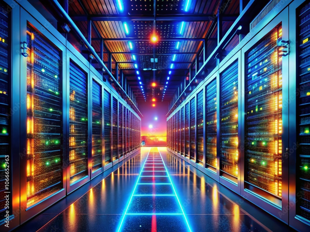 Obraz premium Futuristic Data Center with Glowing Servers and Illuminated Corridors for a High-Tech Atmosphere in Candid Photography