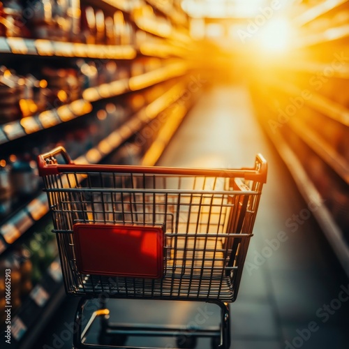 Empty shopping cart in supermarket aisle with sun flare.