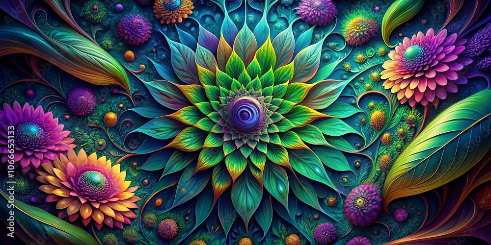 A symphony of vibrant colors, with lush petals and leaves intertwined in a dance of organic patterns.
