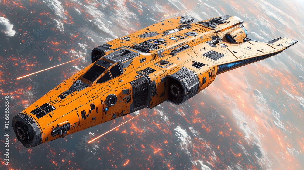 futuristic space cruiser adorned in neon orange glides through a star-lit galaxy with lasers ablaze futuristic space cruiser adorned in neon orange glides through a star-lit galaxy with lasers ablaze
