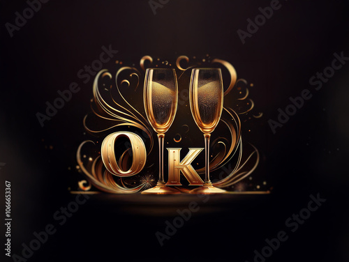 Two golden champagne flutes with bubbly liquid against a dark background with a stylized gold floral design and two golden letters 'OK' in front of them.