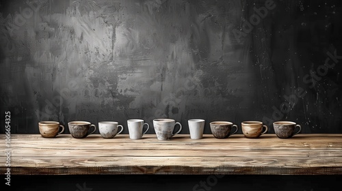 Minimalistic display various coffee cups lined up on rustic wooden table against dark, textured chalkboard background, earthy tones mugs contrast with rough wall, creating modern, stylish cafe.