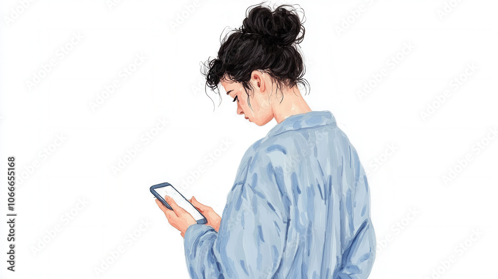 A woman with a bun stands in a loose shirt, looking at her phone, embodying a relaxed yet engaged moment. A woman with a bun stands in a loose shirt, looking at her phone, embodying a relaxed yet engaged moment.