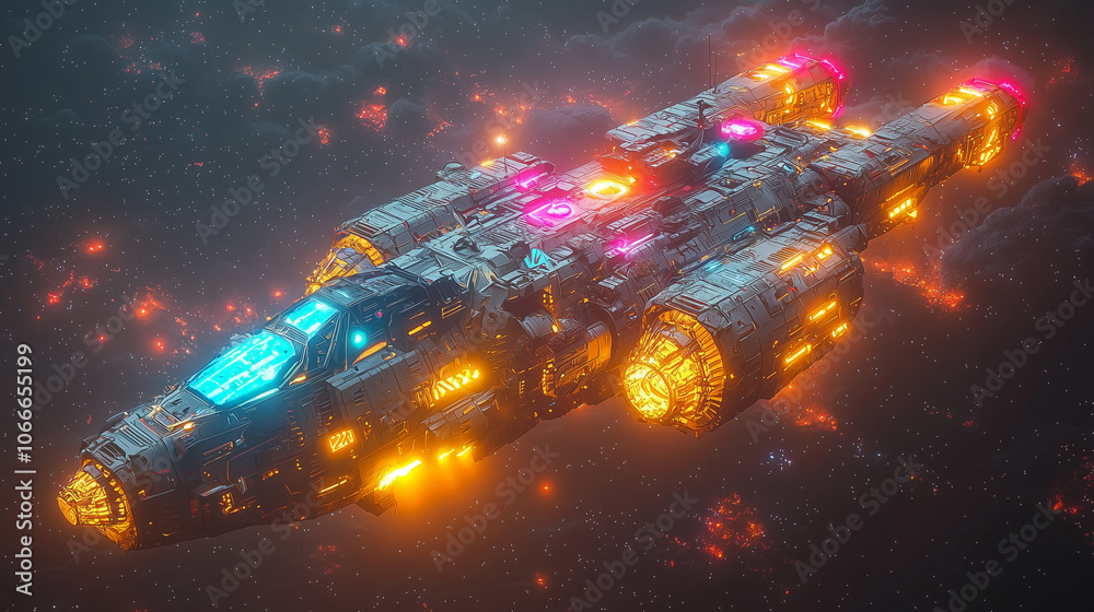 armored space cruiser patrols through a nebula field under cosmic red hues emitting from its hull armored space cruiser patrols through a nebula field under cosmic red hues emitting from its hull