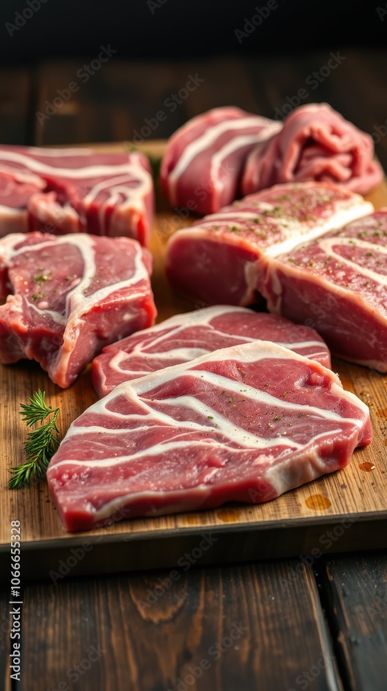Raw meat steaks on a wooden cutting board, ready for cooking