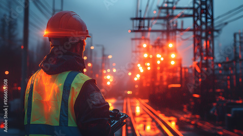 Worker in Reflective Vest and Hard Hat Standing in Front of Construction Site 