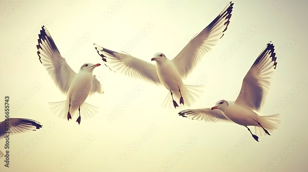 Obraz premium Three White Seagulls In Flight Against A Hazy Sky