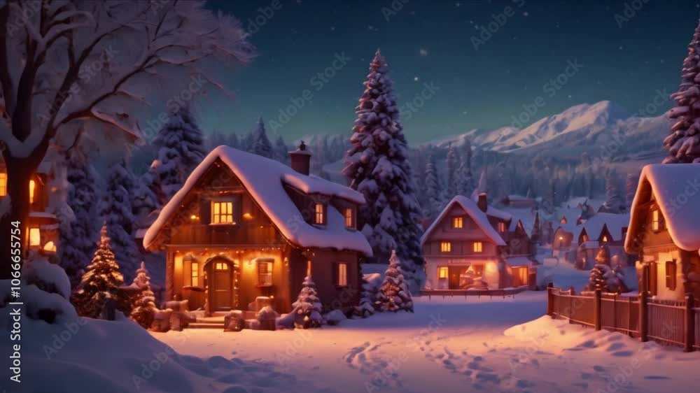 Cozy cabin with snow covered roof and decorated for the holidays, with a snowy landscape and a tall pine tree, illuminated by warm lights during a snowy winter night. Cozy cabin with snow covered roof and decorated for the holidays, with a snowy landscape and a tall pine tree, illuminated by warm lights during a snowy winter night.
