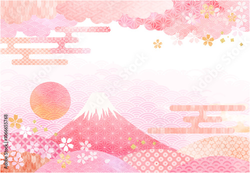 水彩タッチの桜と赤い富士山の和柄背景