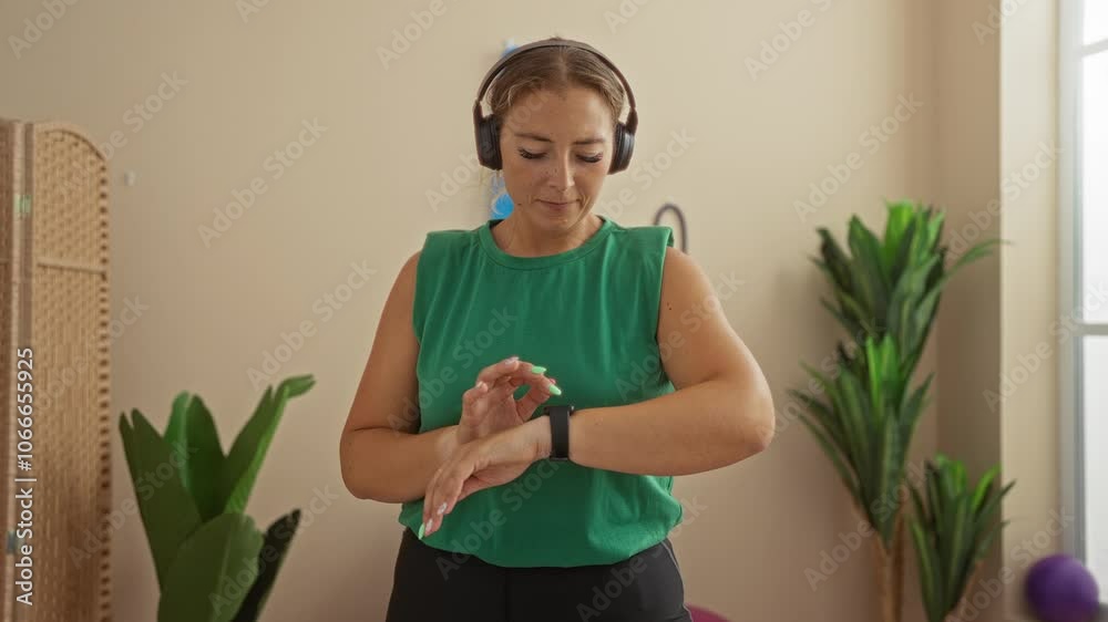 Woman checking smartwatch while wearing headphones in indoor gym setting with green plants Woman checking smartwatch while wearing headphones in indoor gym setting with green plants