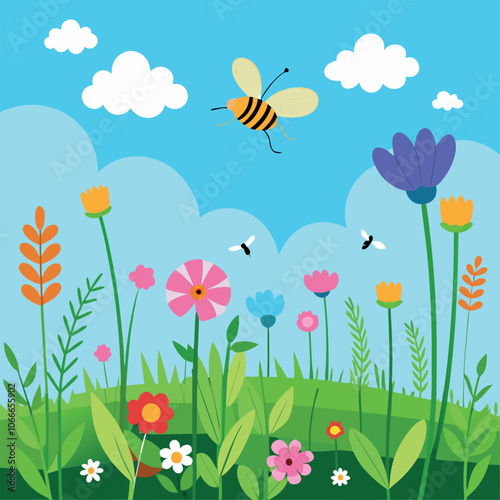 a beautiful summer meadow filled with swaying grasses, buzzing bees, and vibrant flowers