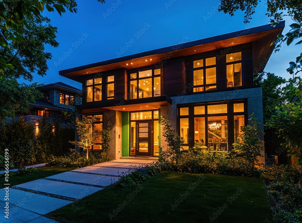 Modern home with dark brown windows and chartreuse wood details, captured at night.