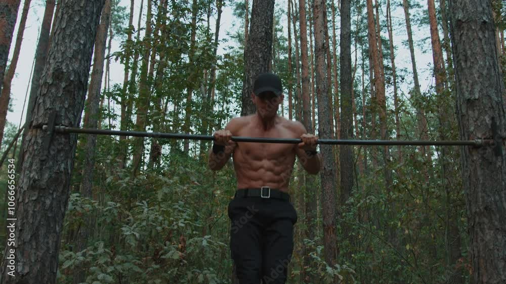 Shirtless bodybuilder training in forested area and does difficult exercise on horizontal bar with lifts and flips. Sports develop speed, agility, reaction, coordination, endurance and strength